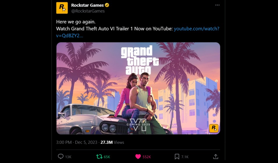 The record-breaking tweet on Twitter/X of the GTA VI trailer