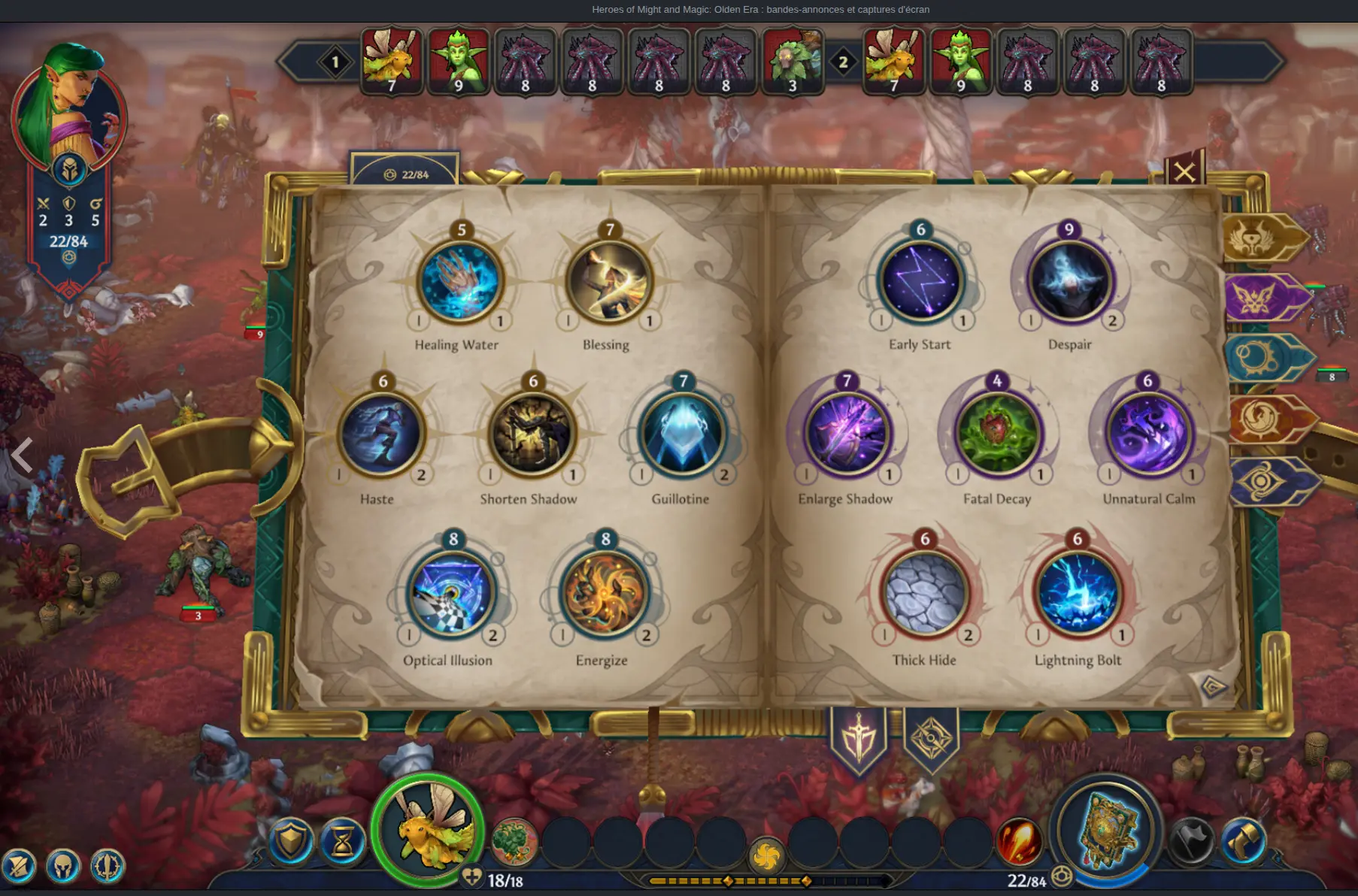 Heroes of Might and Magic Olden Era spellbook showing mage guild spell selection