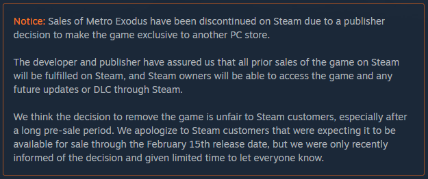 Metro Exodus Steam Notice