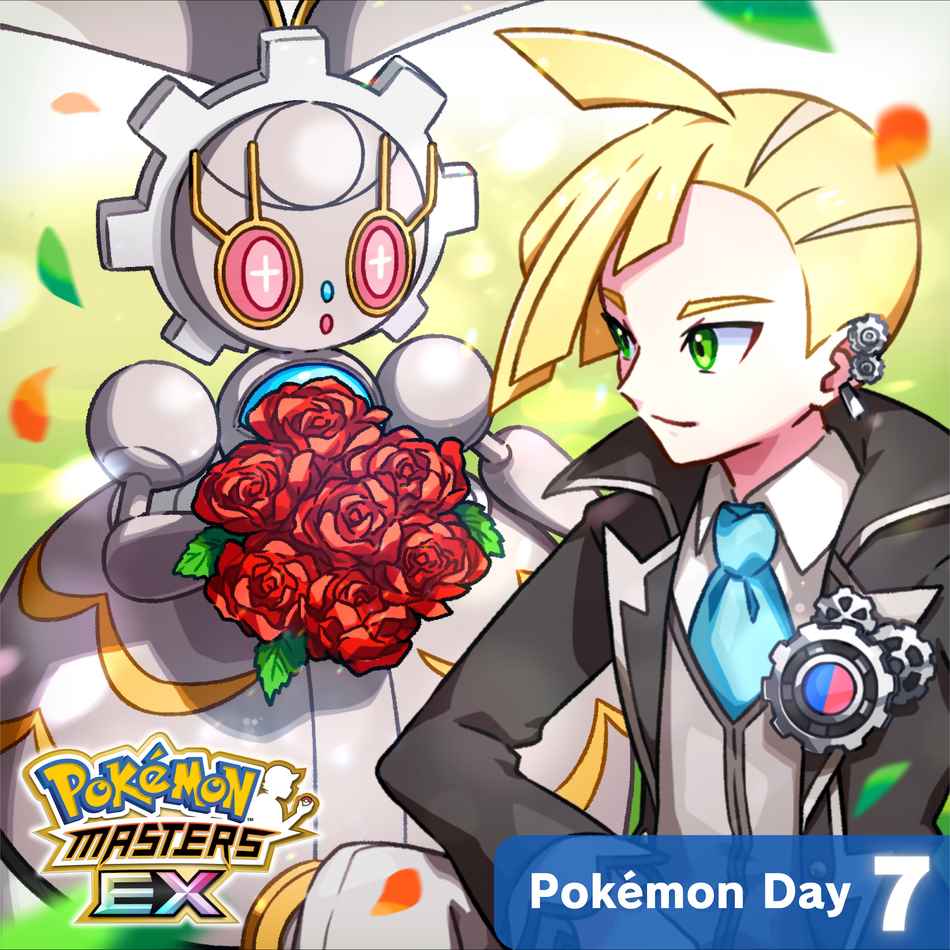 Gladeon in Sygna Suit and Magearna with a bouquet of Flowers from Pokémon Masters EX