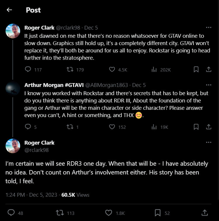 Roger Clark response on Twitter regarding Red Dead Redemption III