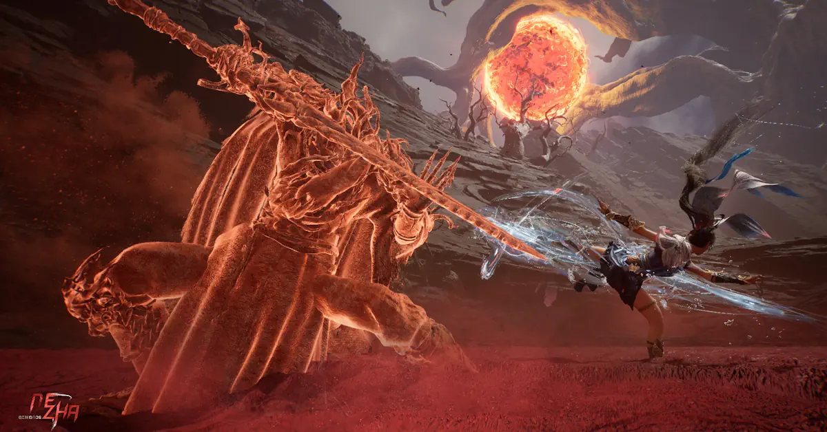 GeniGods: Nezha showing the protagonist facing a colossal deity in a shattered landscape GeniGods: Nezha showing the protagonist facing a colossal deity in a shattered landscape