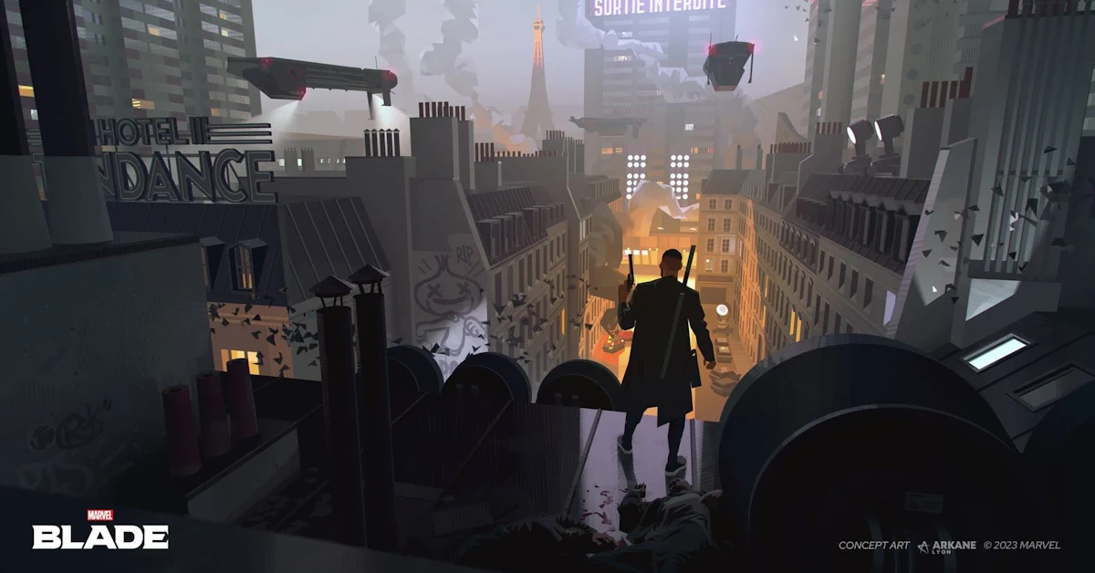 Marvel’s Blade concept art showing the Daywalker overlooking a dystopian Paris skyline