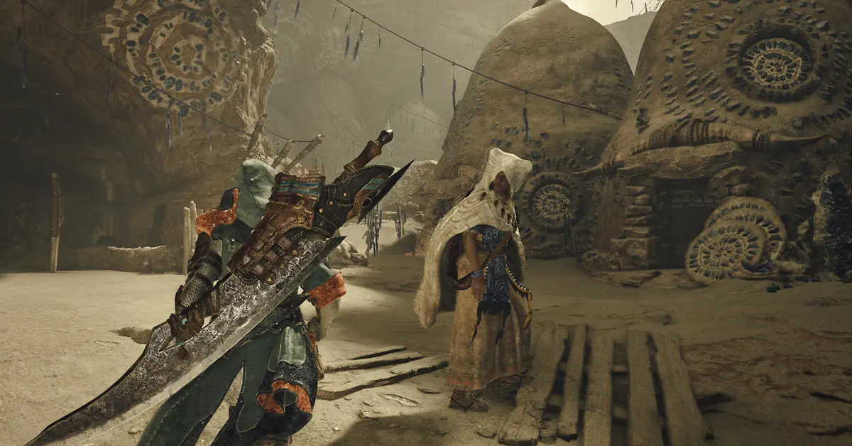 Monster Hunter Wilds Hunter facing a large beast in a lush environment