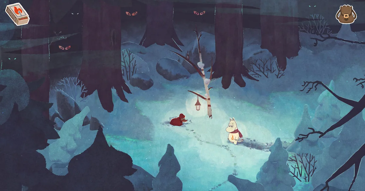 Moomintroll must navigate a dark, snow-covered Moominvalley after waking early from hibernation