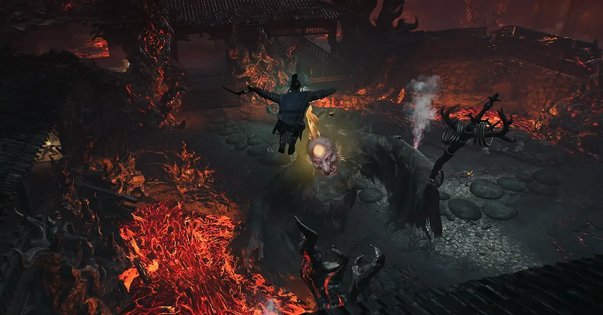 Jumping onto the fight against a fiery Yokai boss in Nioh 3