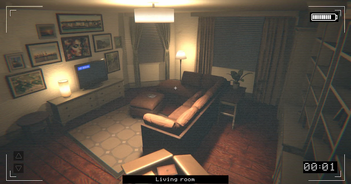 A grainy surveillance camera view of a dark apartment from the indie horror game Paragnosia, currently free to claim on Steam