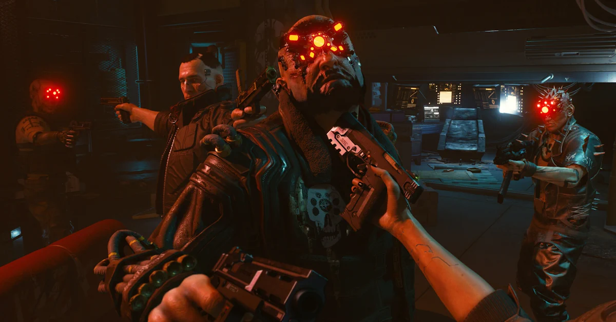 Cyberpunk 2077 first-person gameplay view aiming a weapon in Night City Cyberpunk 2077 first-person gameplay view aiming a weapon in Night City
