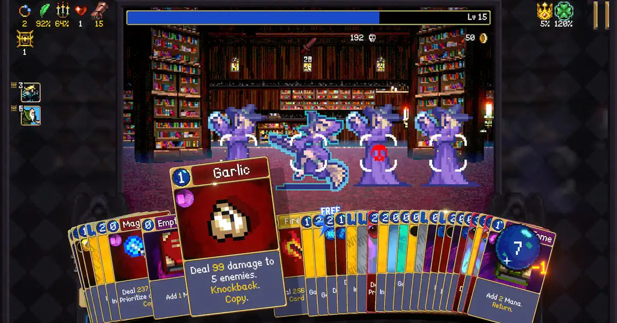 The pixelated, chaotic card battles of Vampire Crawlers filling the screen The pixelated, chaotic card battles of Vampire Crawlers filling the screen