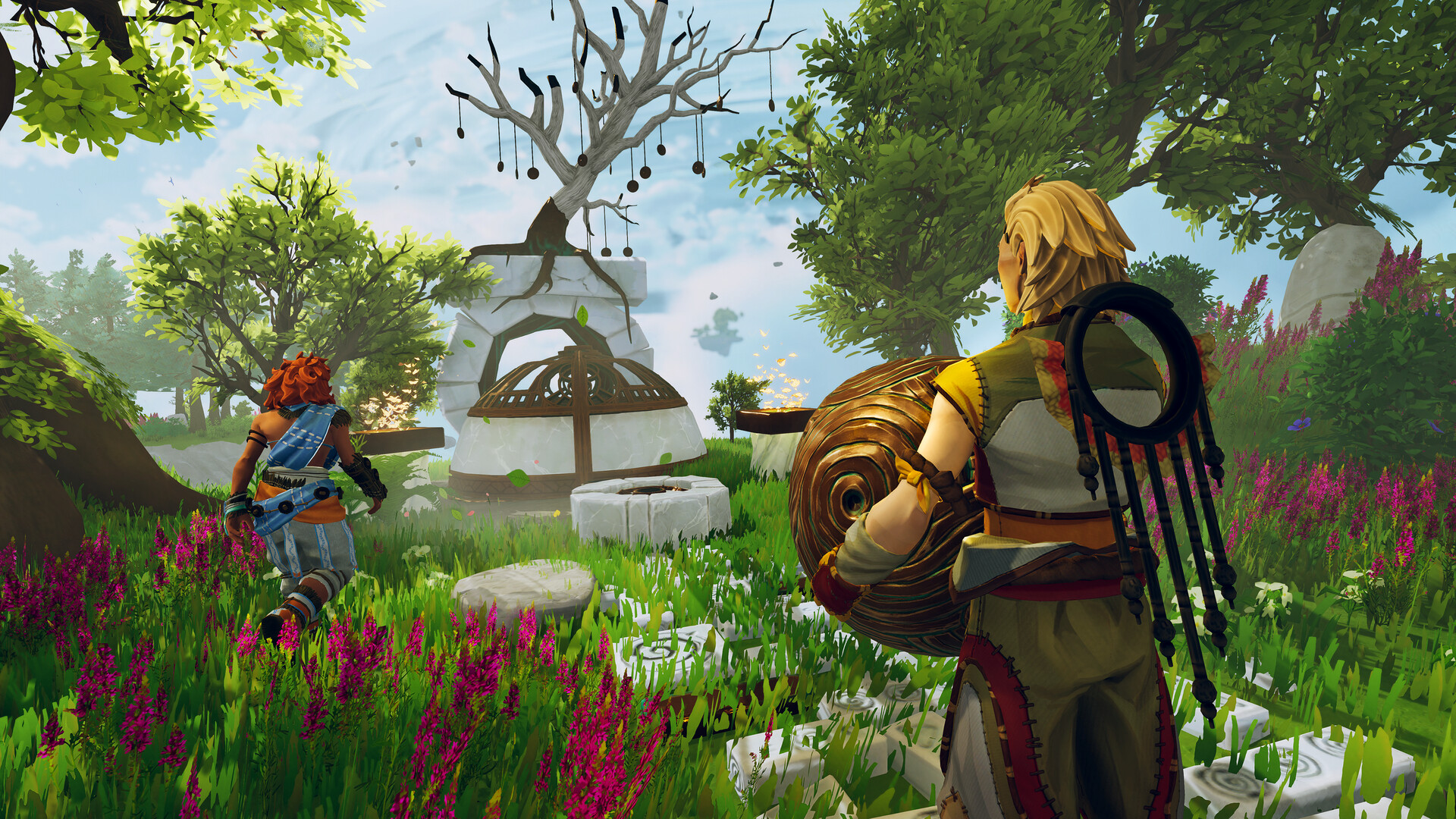 character in wingsuit gliding in front of a giant tree of life