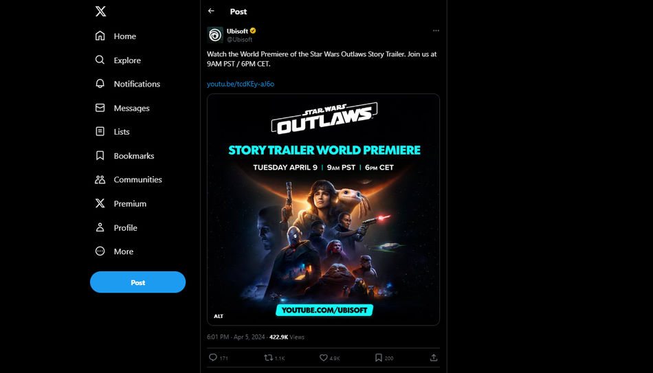 Announcement on Twitter (X) of the Story trailer for Star Wars Outlaws