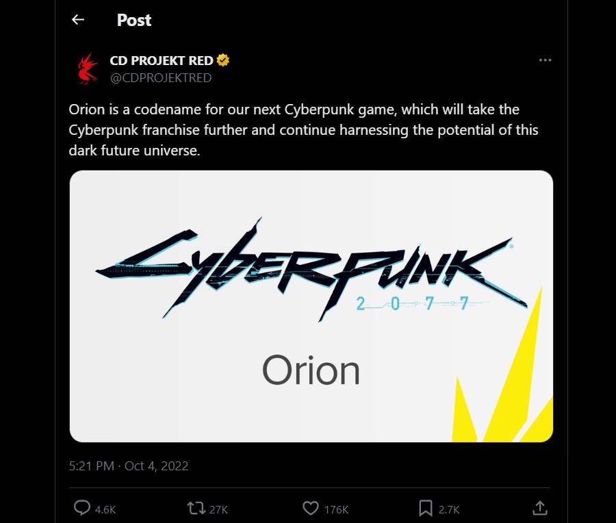 CD Projekt Red announces Project Orion, sequel to Cyberpunk 2077