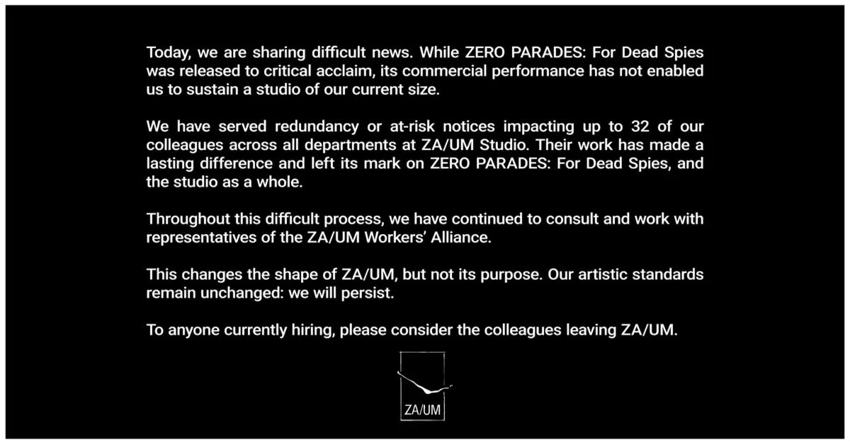 ZA/UM Studio Announces Layoffs Following Zero Parades Commercial Failure